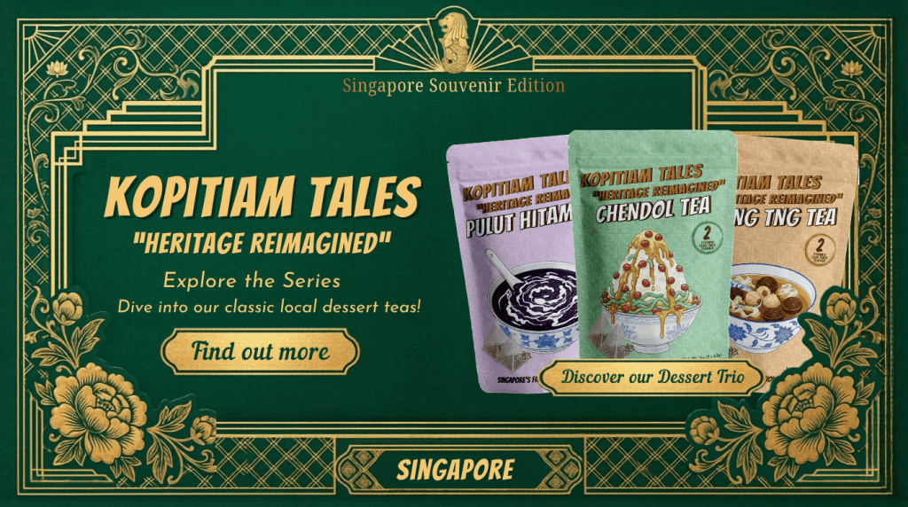 Kopitiam Tales Singapore dessert tea collection featuring chendol pulut hitam and cheng tng teas