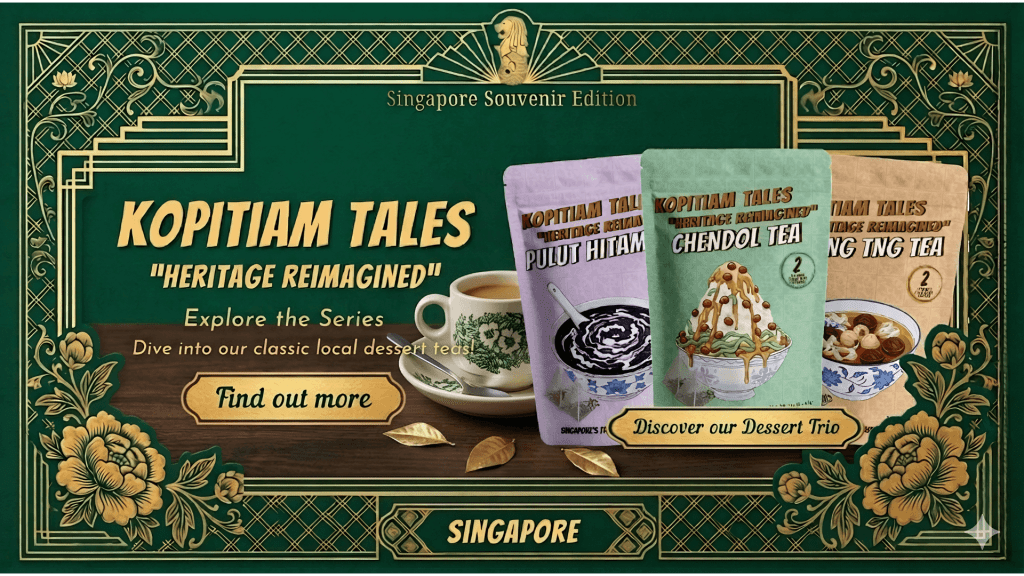 Kopitiam Tales Singapore heritage tea collection featuring chendol pulut hitam and cheng tng teas